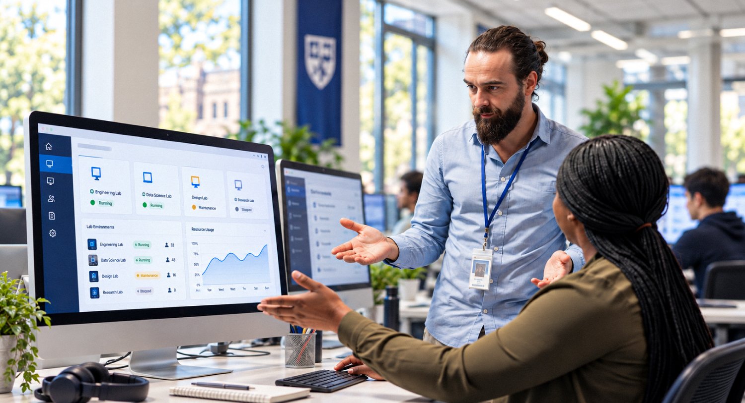 Two colleagues discuss a computer lab management dashboard displayed on a monitor in a modern university workspace.